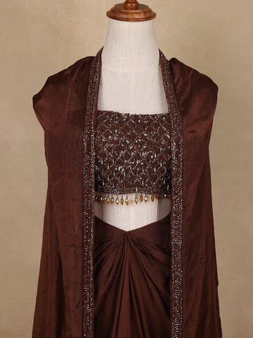 Coffee Brown Sequin Embellished Crop Top with Draped Skirt - Diadem