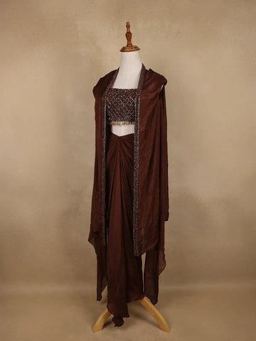 Coffee Brown Sequin Embellished Crop Top with Draped Skirt - Diadem