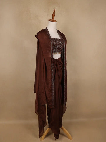 Coffee Brown Sequin Embellished Crop Top with Draped Skirt - Diadem