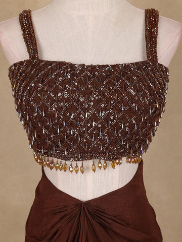 Coffee Brown Sequin Embellished Crop Top with Draped Skirt - Diadem