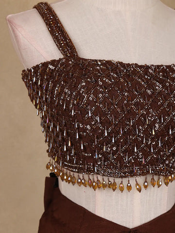 Coffee Brown Sequin Embellished Crop Top with Draped Skirt - Diadem