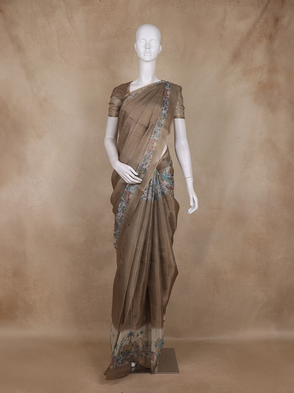 Copper Brown Animal Motif Design Tissue Silk Saree with Zari Border