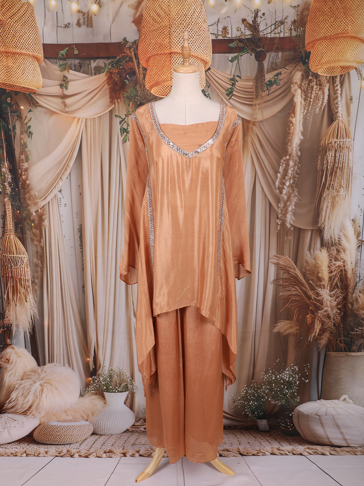 Copper Brown Solid Design Crepe Kaftan Suit