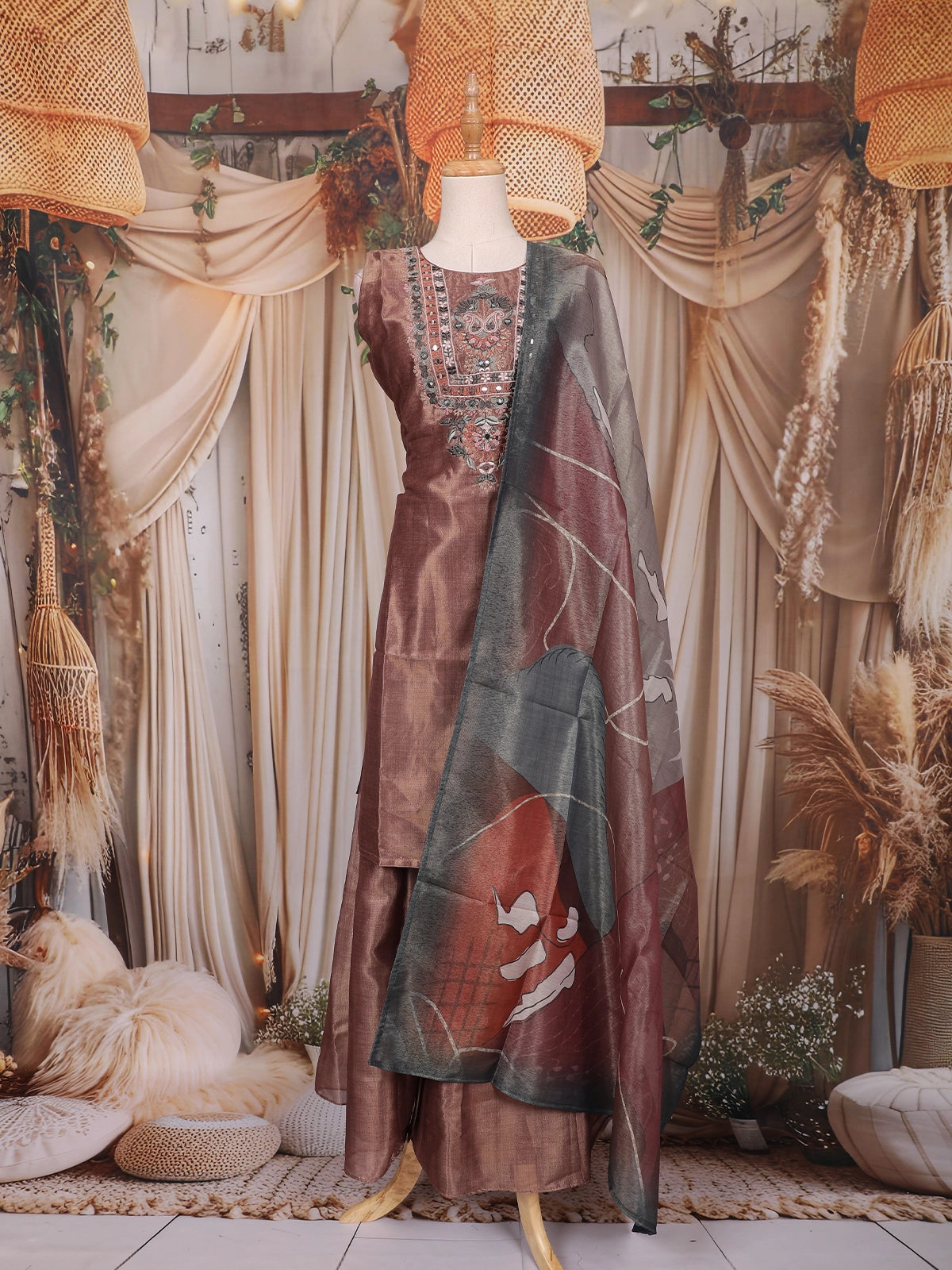 Copper Floral Embroidered Design Tissue Silk Palazzo Suit with Printed Dupatta