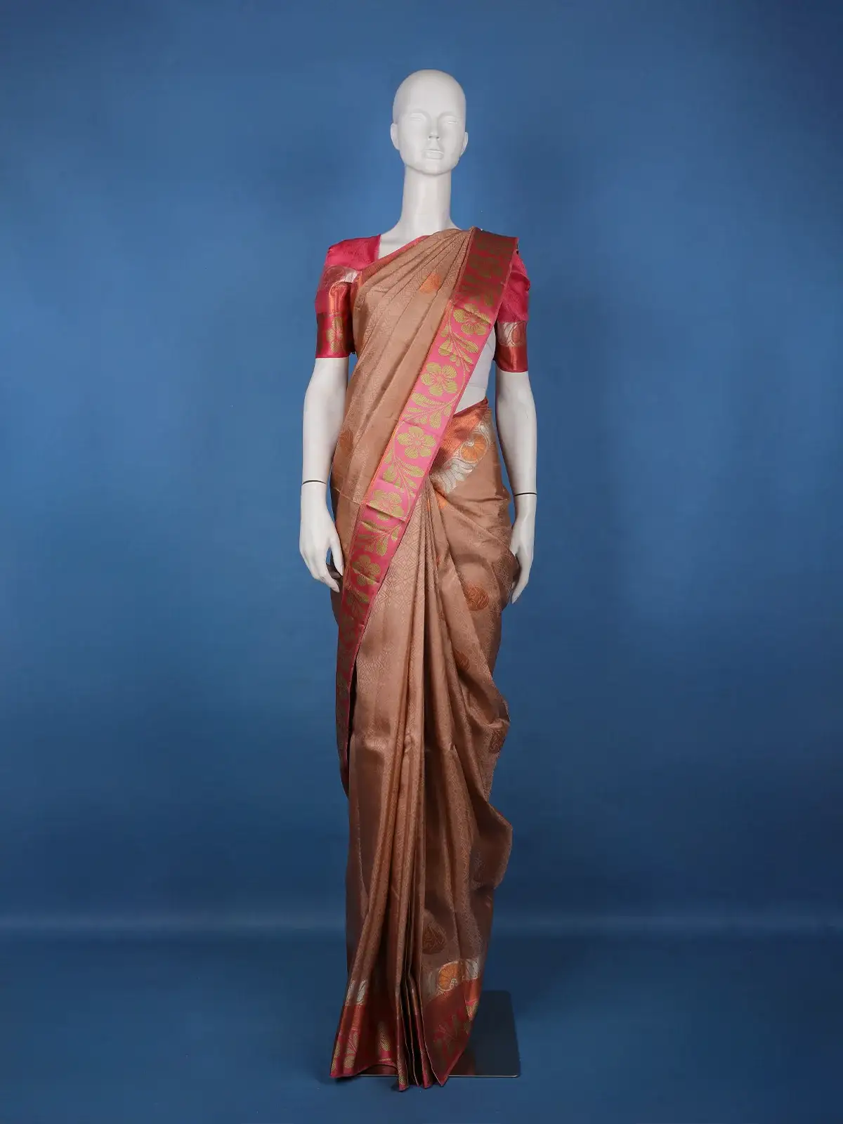 Copper Brown Floral Design Zari Border Silk Saree - Diadem