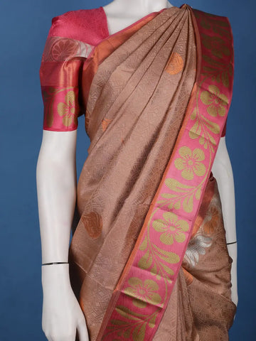 Copper Brown Floral Design Zari Border Silk Saree - Diadem