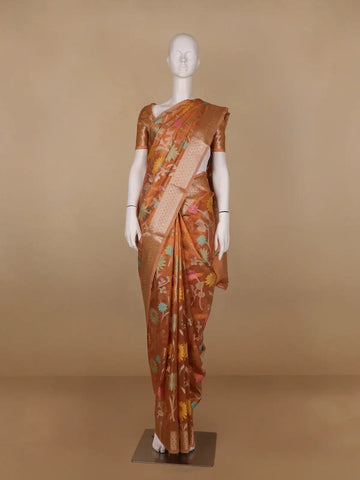 Copper Brown Floral Motifs Semi Tissue Saree - Diadem