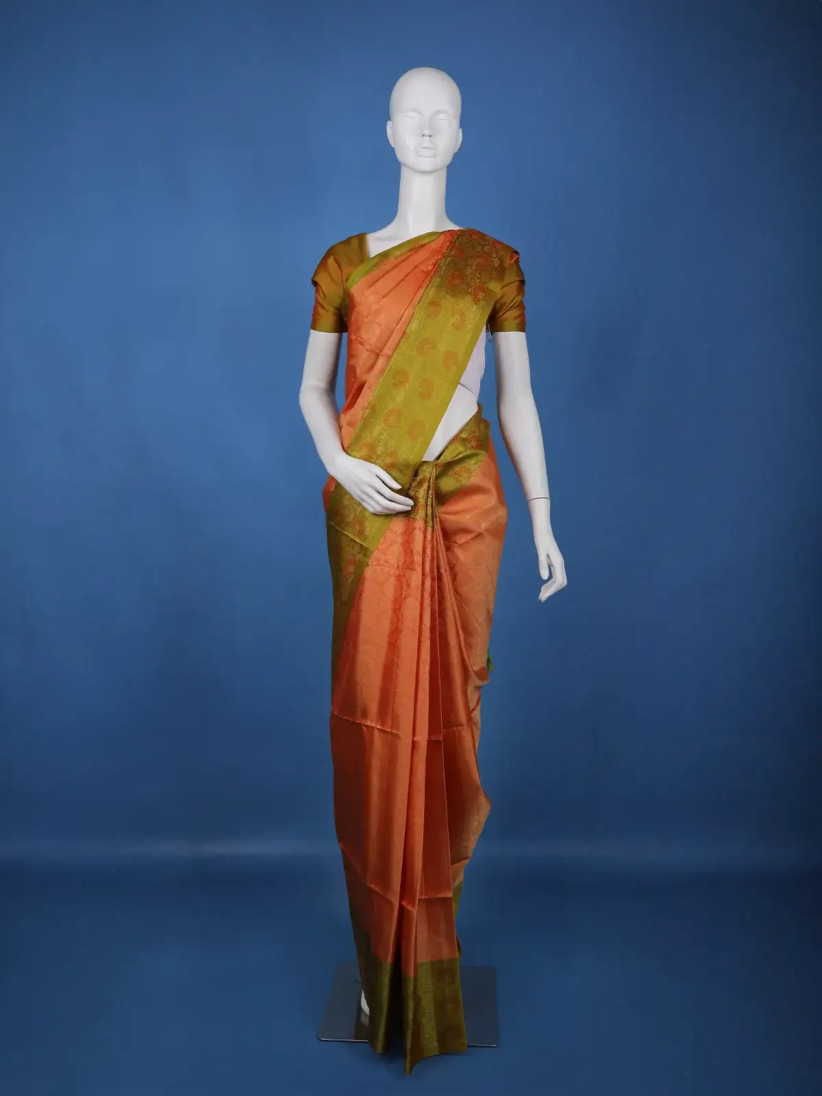 Coral Orange Floral Design Zari Woven Soft Silk Saree - Diadem