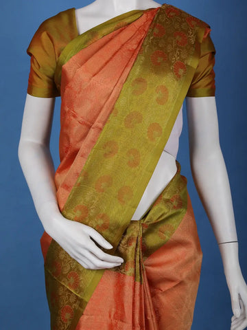 Coral Orange Floral Design Zari Woven Soft Silk Saree - Diadem