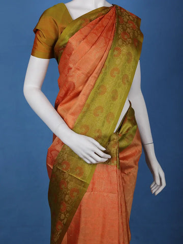 Coral Orange Floral Design Zari Woven Soft Silk Saree - Diadem
