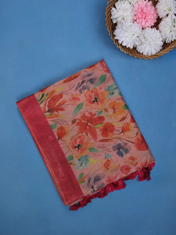Coral Pink Floral Design Semi Tissue Saree - Diadem