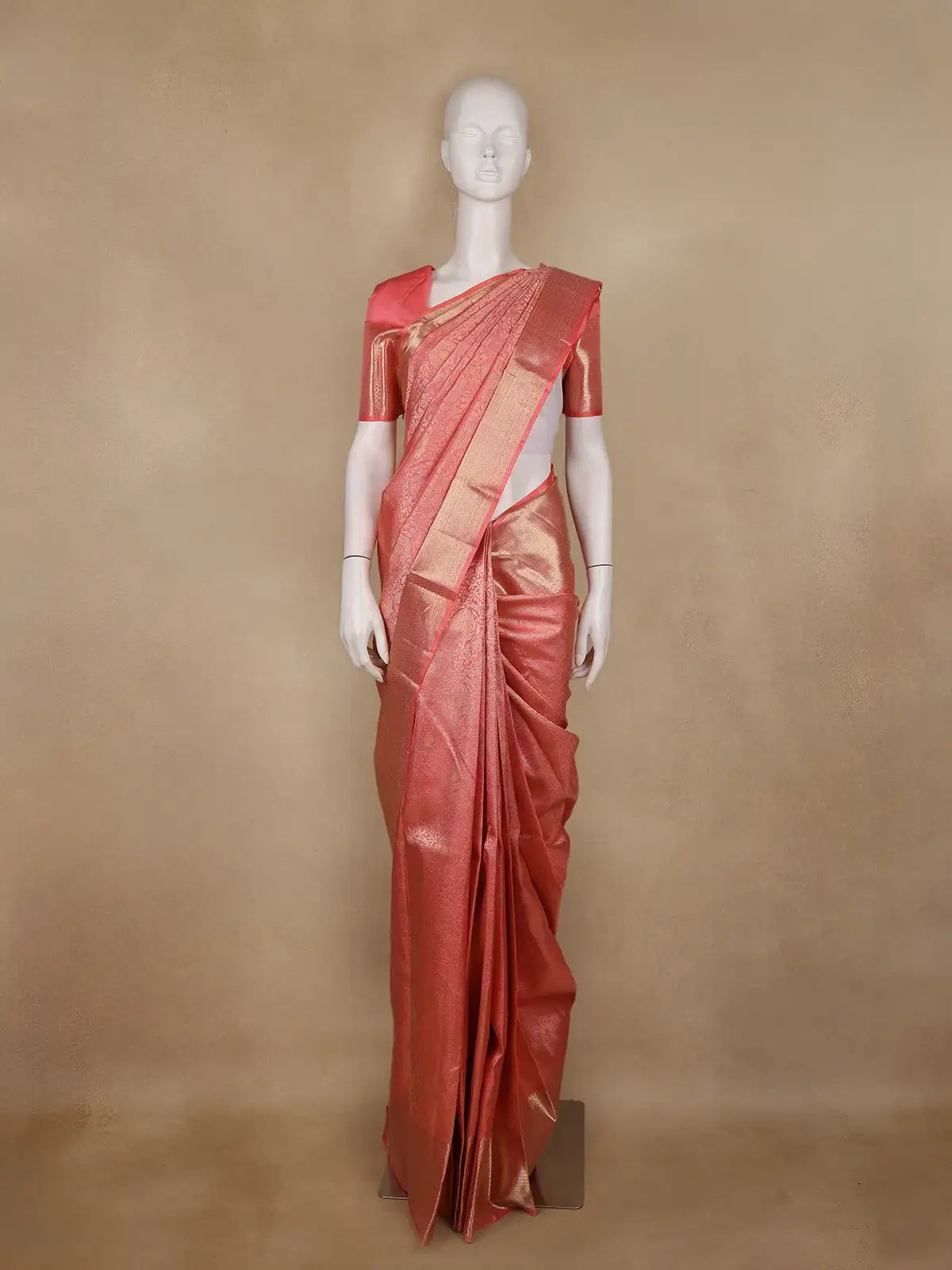 Coral Pink Floral Woven Pure Kanchipuram Silk Saree - Diadem