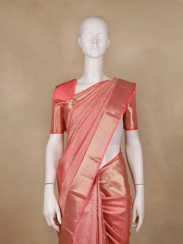 Coral Pink Floral Woven Pure Kanchipuram Silk Saree - Diadem