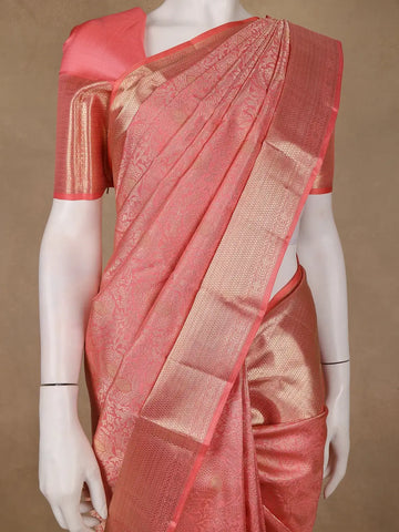 Coral Pink Floral Woven Pure Kanchipuram Silk Saree - Diadem