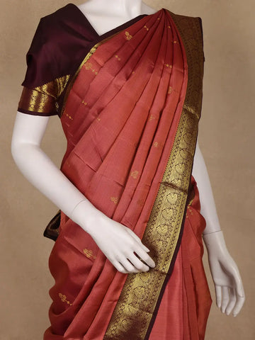 Coral Pink Floral Woven Pure Kanchipuram Silk Saree With Zari Border - Diadem