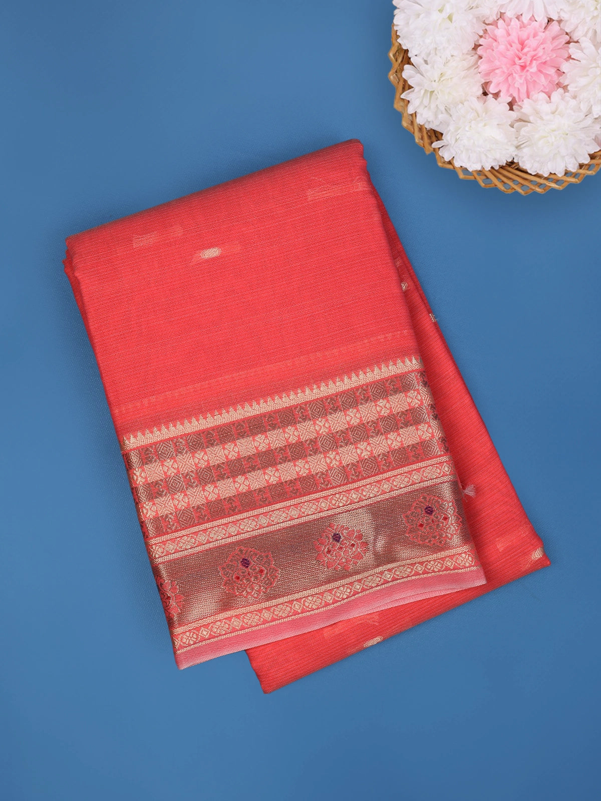 Coral Red Solid Design Fancy Cotton Saree