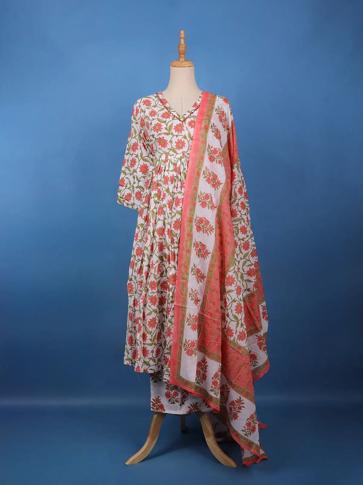 Coral Floral Printed Anarkali Cotton Salwar Suit - Diadem