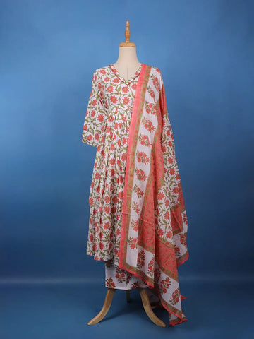 Coral Floral Printed Anarkali Cotton Salwar Suit - Diadem
