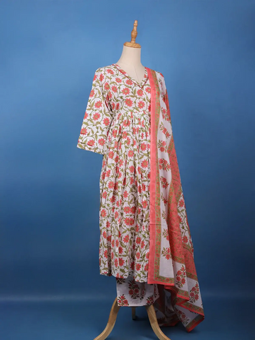 Coral Floral Printed Anarkali Cotton Salwar Suit - Diadem
