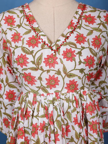 Coral Floral Printed Anarkali Cotton Salwar Suit - Diadem