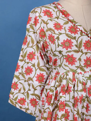 Coral Floral Printed Anarkali Cotton Salwar Suit - Diadem