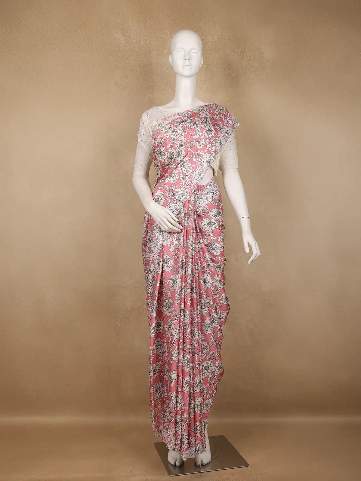 Coral Pink Floral Design Print Satin Saree - Diadem
