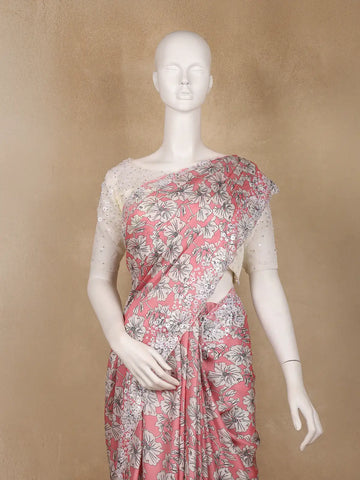 Coral Pink Floral Design Print Satin Saree - Diadem