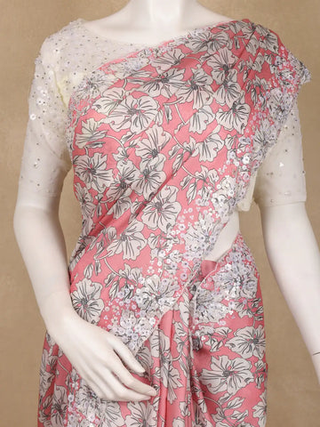 Coral Pink Floral Design Print Satin Saree - Diadem