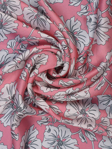 Coral Pink Floral Design Print Satin Saree - Diadem