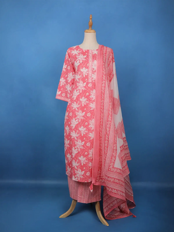 Coral Pink Floral Printed Cotton Salwar Suit - Diadem