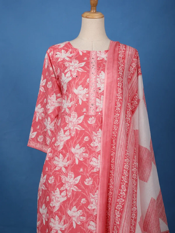 Coral Pink Floral Printed Cotton Salwar Suit - Diadem