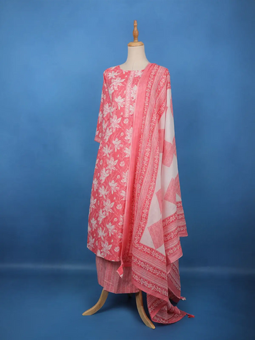 Coral Pink Floral Printed Cotton Salwar Suit - Diadem