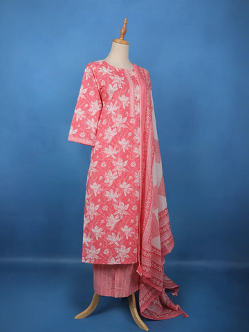 Coral Pink Floral Printed Cotton Salwar Suit - Diadem