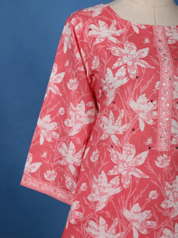 Coral Pink Floral Printed Cotton Salwar Suit - Diadem