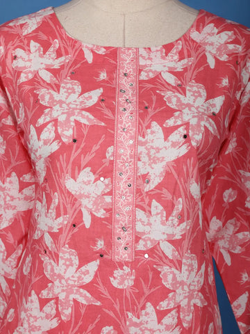 Coral Pink Floral Printed Cotton Salwar Suit - Diadem