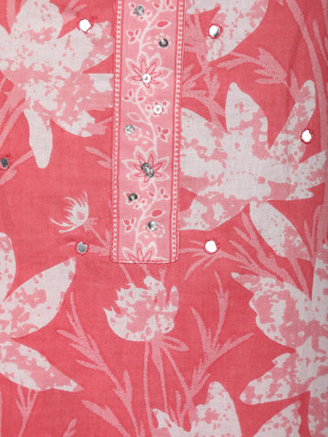 Coral Pink Floral Printed Cotton Salwar Suit - Diadem