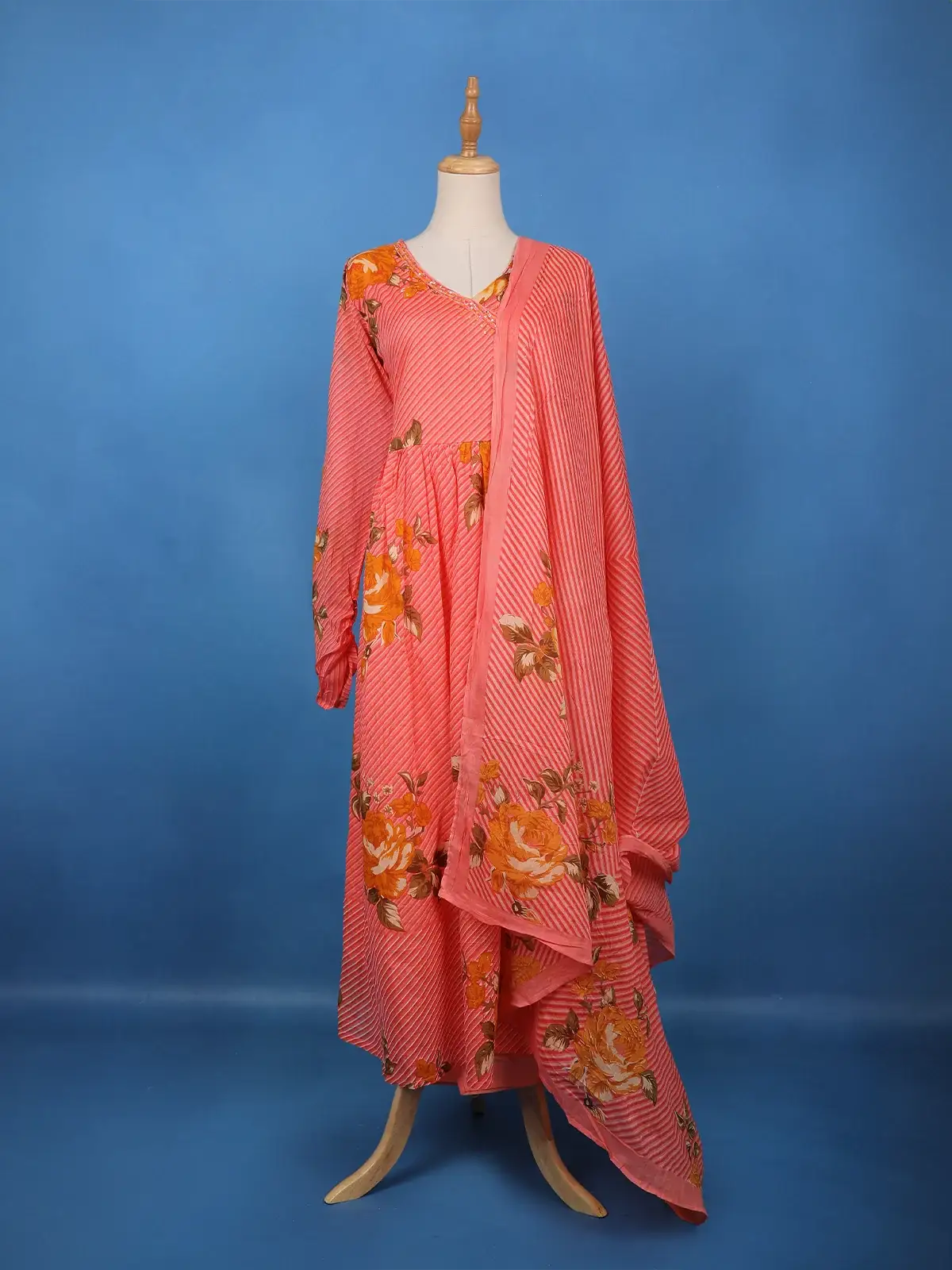 Coral Pink Floral Printed Cotton Salwar Suit - Diadem