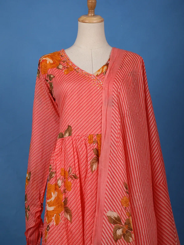 Coral Pink Floral Printed Cotton Salwar Suit - Diadem
