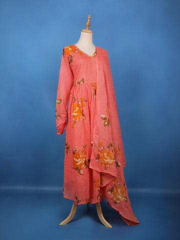 Coral Pink Floral Printed Cotton Salwar Suit - Diadem