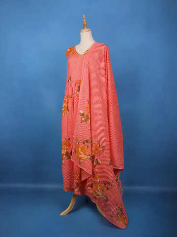 Coral Pink Floral Printed Cotton Salwar Suit - Diadem