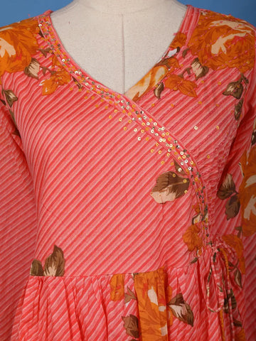 Coral Pink Floral Printed Cotton Salwar Suit - Diadem