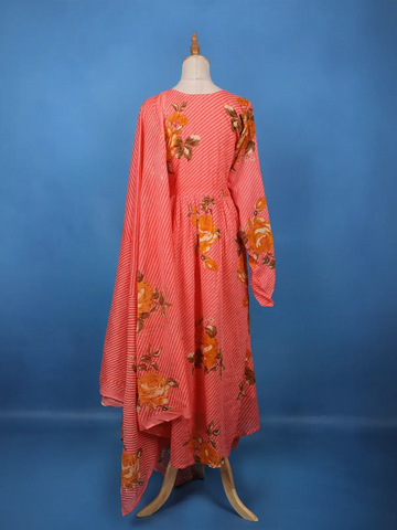 Coral Pink Floral Printed Cotton Salwar Suit - Diadem