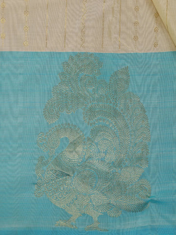 Cream Floral Butti Stripes Woven Pure Kanchipuram Silk Saree - Diadem