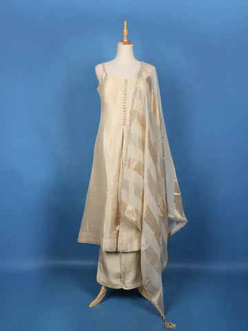 Cream Floral Design Woven Banarasi Silk Salwar Suit - Diadem