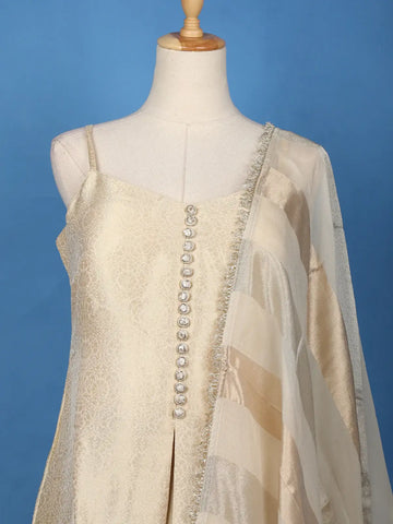 Cream Floral Design Woven Banarasi Silk Salwar Suit - Diadem