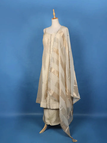 Cream Floral Design Woven Banarasi Silk Salwar Suit - Diadem