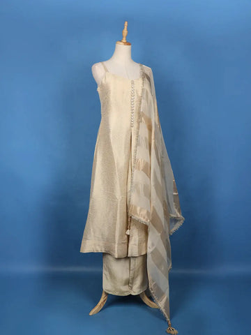 Cream Floral Design Woven Banarasi Silk Salwar Suit - Diadem