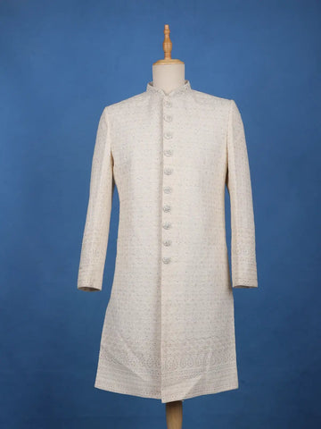 Cream Floral Embroidered Cotton Sherwani Suit - Diadem