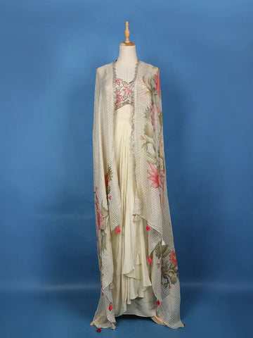 Cream Floral Embroidered Satin Skirt Top - Diadem