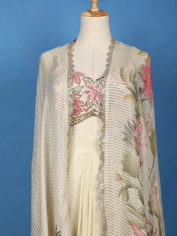 Cream Floral Embroidered Satin Skirt Top - Diadem